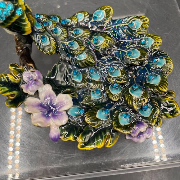 Enamel on Brass Colorful Peacock on Branch Trinket Dish Tray with Rhinestones - Picture 3 of 7